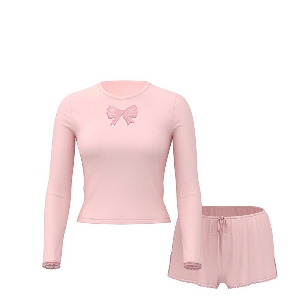 VICTORIA’S SECRET SoSoft Modal Bow Long-Sleeve Tee & Short Set - Picture 2 of 2